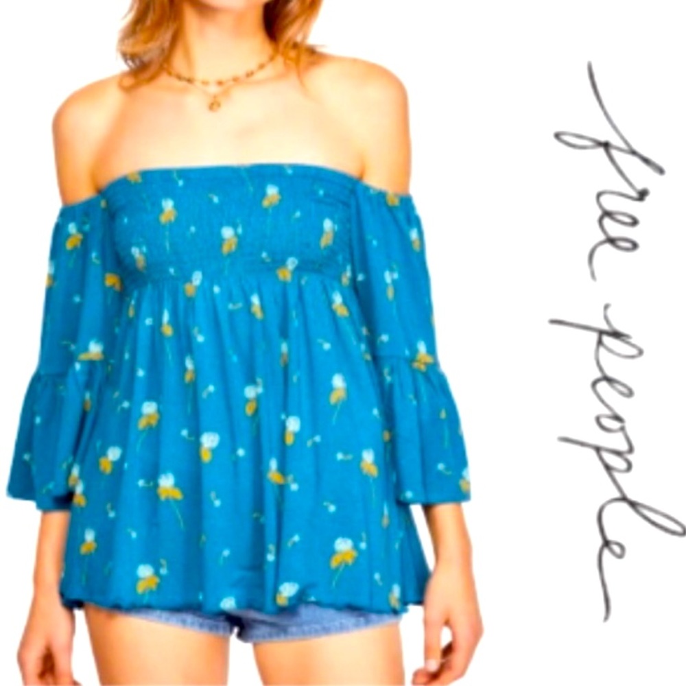 Free People Lana Off the Shoulder Tunic In Ocean Blue Size Medium